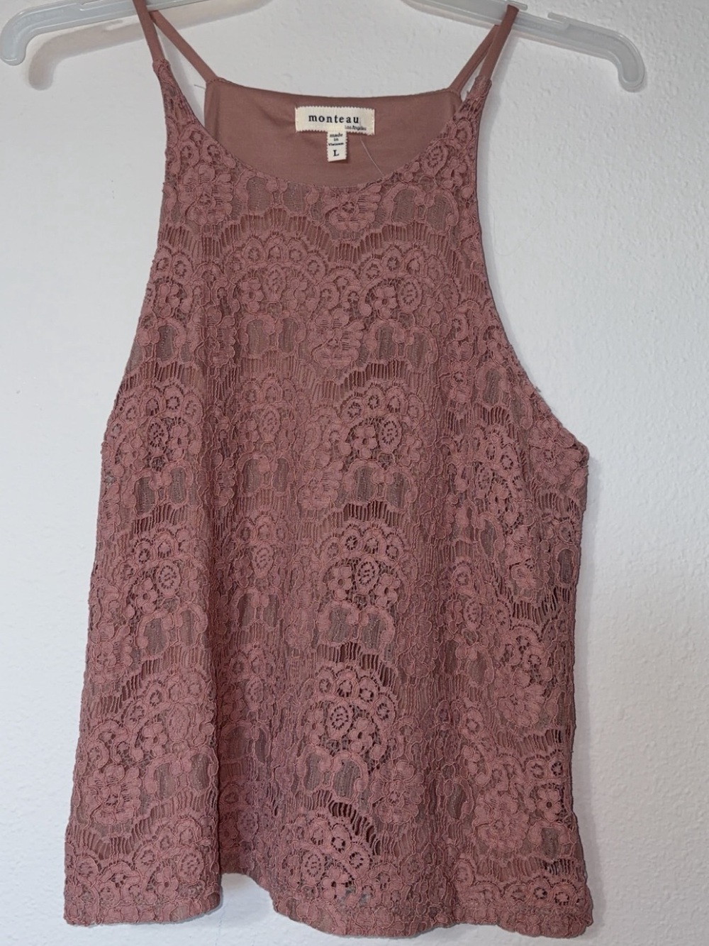 Monteau Rose-Mauve Lace Halter Tank Top